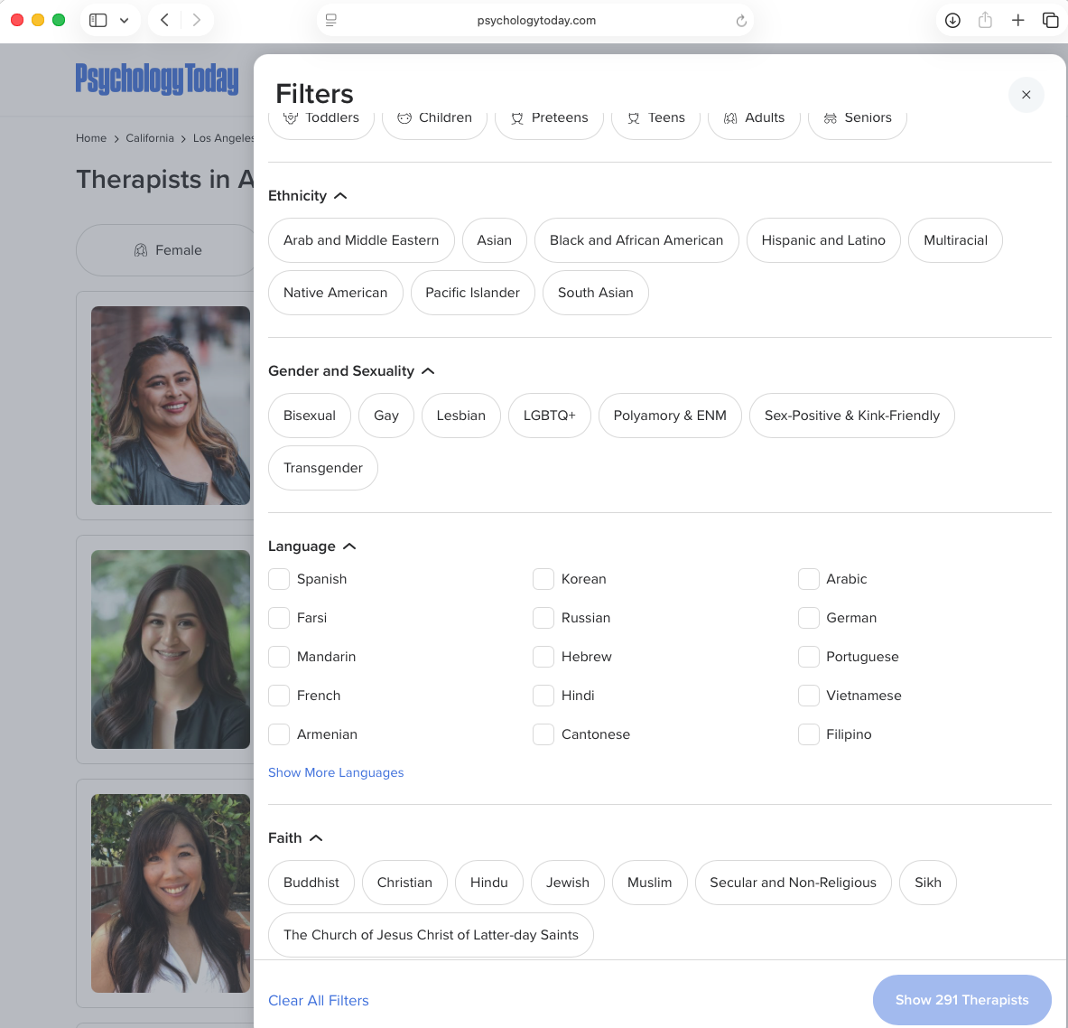 image of filters on psychology today, showing missing filters for white and straight sub categories