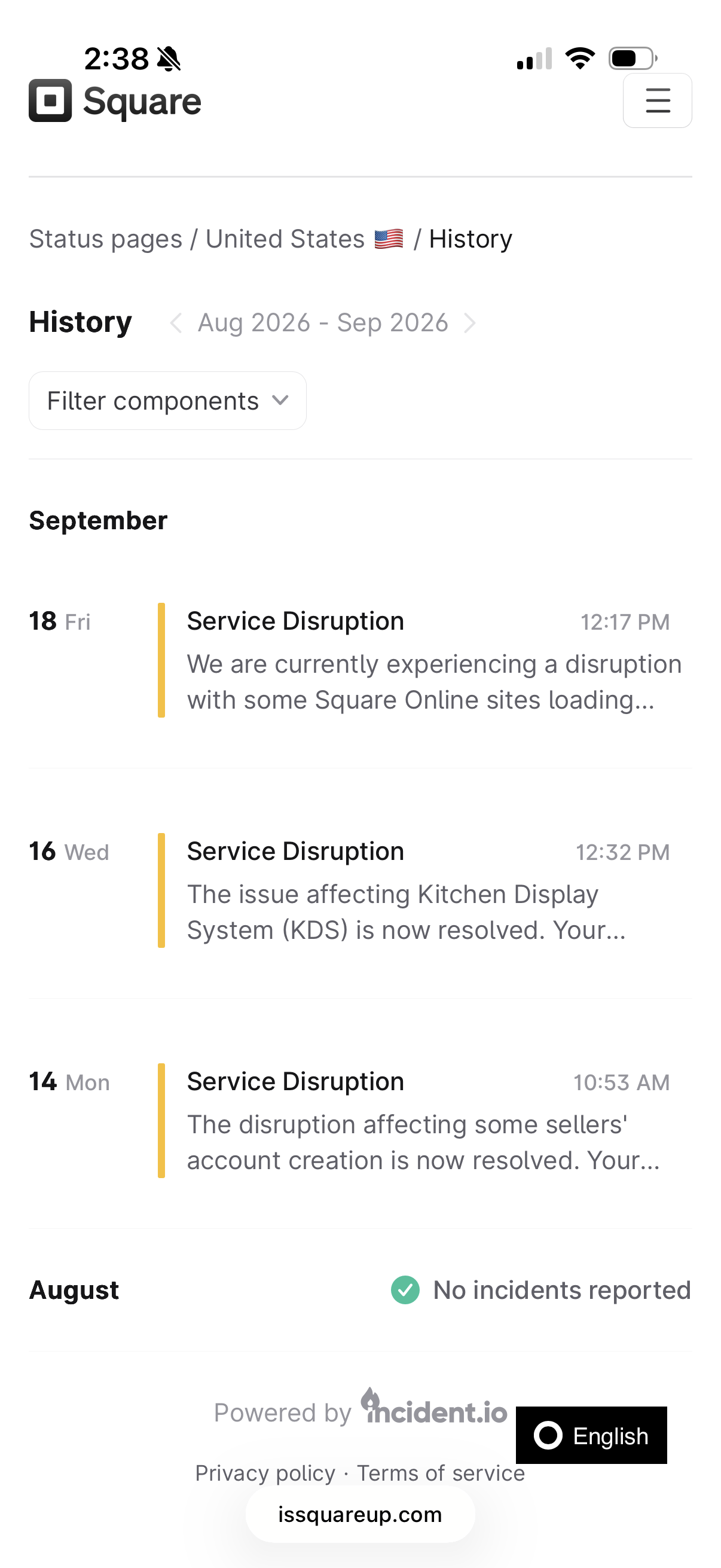 image showing 3 Square outages in Sept, with no incidents reported in August